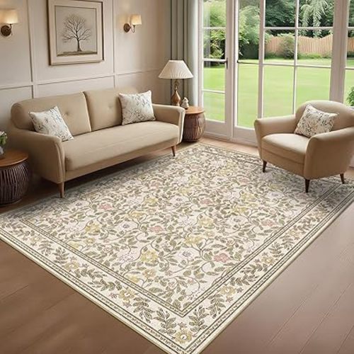 Floral Area Rug 5x7 Washable Vintage Non Slip Living Room Rug Soft Low Pile Stain Resistant Rugs for Bedroom Dining Room Laundry Indoor, Beige/Multi