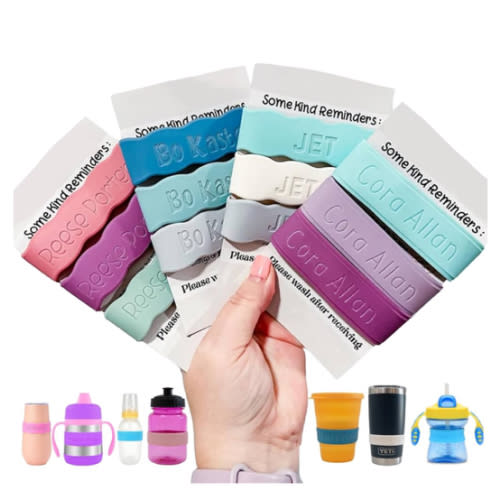 3 Piece Personalized Baby Bottle Labels for Daycare School Summer Camp Customized Children's Water Bottle Name Bands Custom Engraved Reusable Silicone Cup Bands Labels