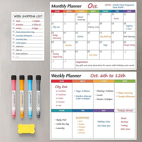 Dry Erase Magnetic Calendar for Refrigerator, 3 Pack- Monthly & Weekly & Daily Planner Magnet Whiteboard for Fridge Wall Door - Shopping, Meal/Menu, To Do List, Family Schedule Planning Board, 14"x11"