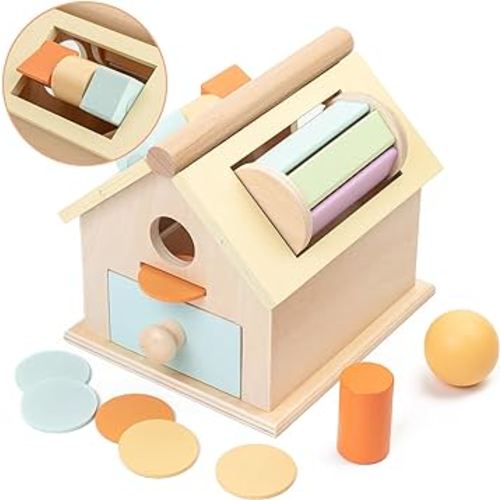 Montessori Toys for Babies 6-12 Months, Wooden Toys for Toddlers 1-3, Object Permanence Box, 5 in 1 Rainbow Spinning Drum House, Preschool Ball Drop Toy Shape Sorter