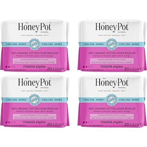 The Honey Pot Company - 80ct - Herbal Sanitary Pads for Women - Regular Flow w/Wings - Infused w/Essential Oils for Cooling Effect & Organic Cotton Cover - Feminine Care - FSA & HSA