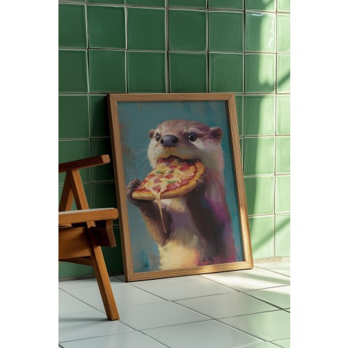 Otter Eating Pizza Wall Art – Funny Animal Poster, Whimsical Otter Illustration, Cute Kitchen or Kids Room Decor