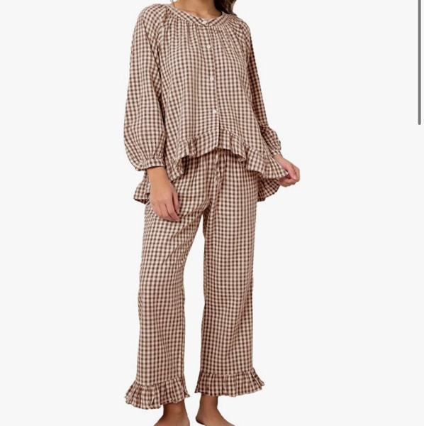 Flygo Womens Plaid Pajamas Sets 2 Piece Cotton Pj Set Puff Sleeve Ruffle Babydoll Shirt Gingham Pants Lounge Sets