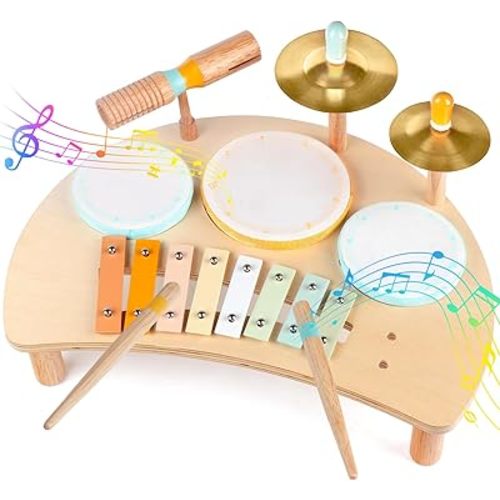 Kids Drum Set, Montessori Musical Instruments for Toddlers 1-3, Wooden Musical Toys for Baby 12-18 Months, Preschool Educational Xylophone Drum Kit, Birthday Gift for Boys Girls Ages 3+