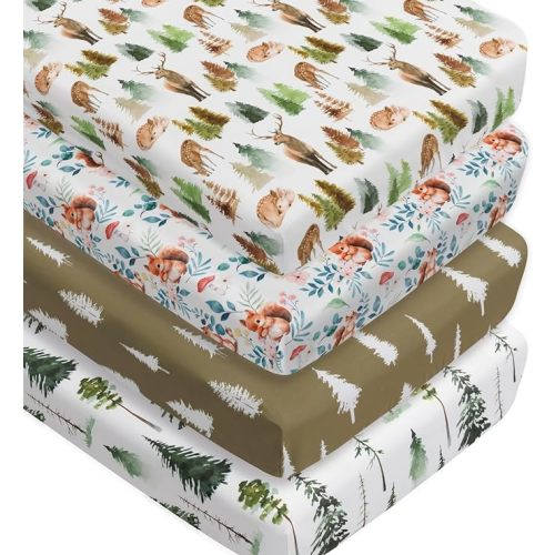 4 Pack Woodland Forest Animals Wood Neutral Unisex Fitted Baby Crib Sheets Set for Baby Boys or Girls (Cartoon Fox, 52 * 28)
