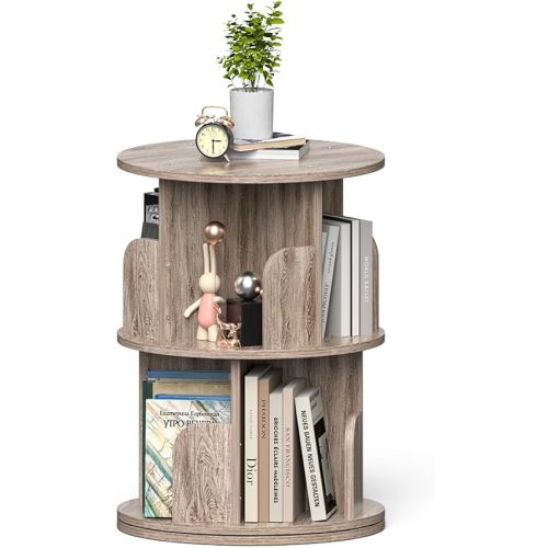 Nidouillet Small Rotating Bookshelf, 2 Tier Revolving Bookcase 360° Display Round Bookshelf Narrow Swivel Corner Book Shelf Standing Bookcase Adult Bedroom