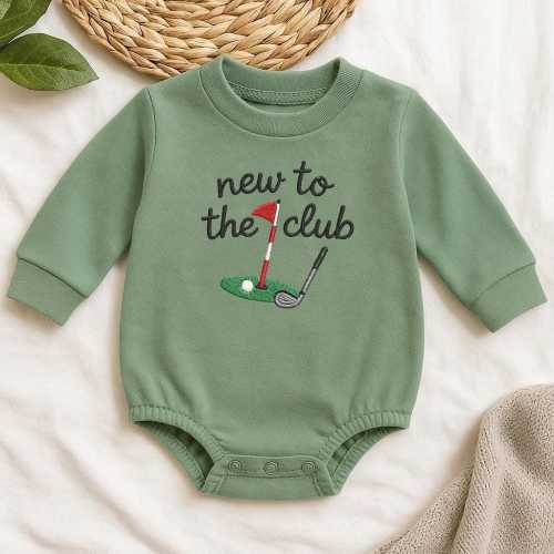New to the Club Baby Romper, Golf Embroidered Infant Outfit, Funny Baby Shower Gift for Golfer Parents, Spring or Winter Cotton Bodysuit
