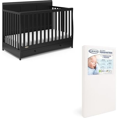 Graco Asheville 4-in-1 Convertible Crib w/Drawer-Black Premium Foam Crib & Toddler Mattress