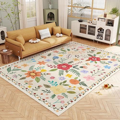 Machine Washable Area Rugs 8X10 - Washable Floral Rugs with Non Slip Backing for Living Room Bedroom Dining Room Stain Resistant, Floral Soft Low-Pile Large Rugs for Playroom, Beige