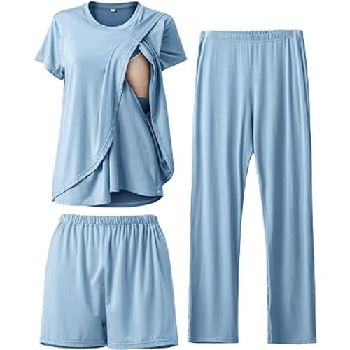 Rnxrbb 3 Piece Postpartum Nursing Pajamas Set Casual Soft Maternity Breastfeeding Pjs Sleepwear Loungewear Clothes Layer