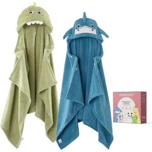 Momcozy Baby Bath Towels with Visualize Health Label - Ultra Soft & Absorbent Coral Fleece Hooded Towels for Newborn, Infant, Toddler (0-36 Months) Bath Essentials (Large Size,2 Pack)