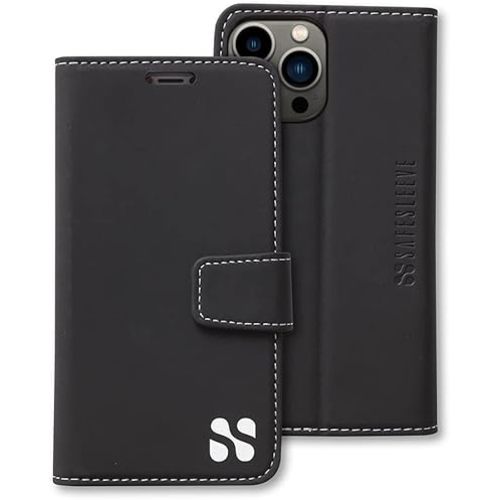 SafeSleeve EMF Protection Anti Radiation iPhone 15 Pro Case, RFID EMF Blocking, Card Holder Wallet, Vegan Leather, Adjustable Stand Cell Phone Case, for Women & Men (Black)