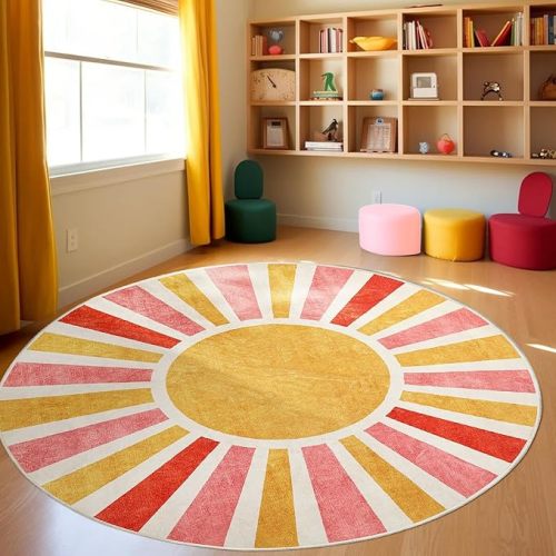 Boho Classroom Rug 4Ft, Round Washable Accent Rug for Kids Colorful Sun Rainbow Throw Carpet for Living Room Soft Thin Mat Non-Slip Low Pile Circle Rug for Nursery Bedroom Playroom