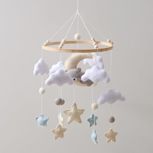 Baby Crib Mobile – Handmade Moon Bear Nursery Mobile, Mobile for Crib Neutral Felt Clouds Stars Hanging Toy, Beech Wood Ring Bassinet Mobile Baby Mobile Decor Gift