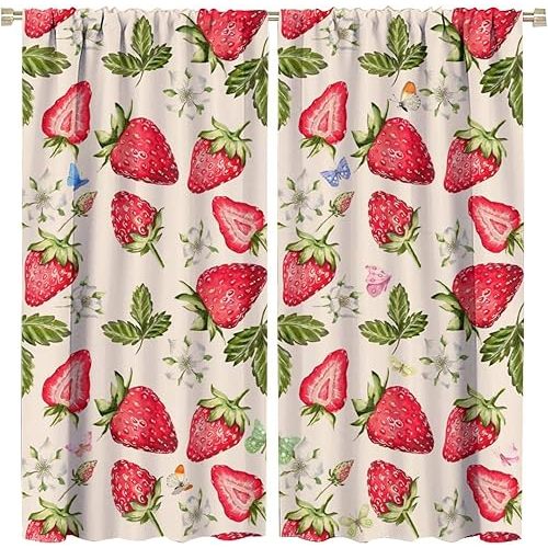 Strawberry Curtains, Vintage Rustic Colorful Bohemian Funny Butterfly Floral Leaves Fruit Seamless Pattern Drapes, Blackout Rod Pocket Window Treatments for Living Room Bedroom Kitchen 42x63in