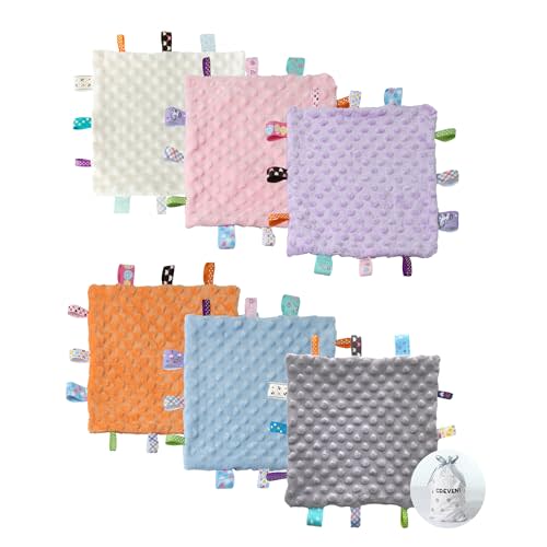 CREVENT Tag Security Blankets for Babies, Soft Small Loveys for Girls, Baby Comforter Sensory Blanket, Great Gifts for Birthday Baby Shower 10"X10" (Ivory + Pink + Grey + Blue + Orange + Purple)