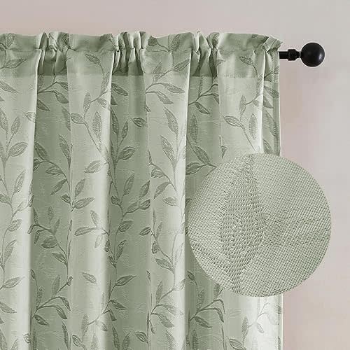 Chyhomenyc Mila Sheer Sage Green Curtains, Semi Sheer Curtains 63 inch Length 2 Panels Set, Light Filtering Rod Pocket Leaf Jacquard Textured Drapes for Living Room Bedroom, 2PCS, Each 42Wx63L