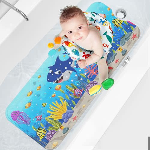 XIYUNTE Baby Bath Mat for Tub for Kids, Non Slip Kids Bathtub Mat Childrens Bath Mat, 40 X 16 Inch Extra Large Kids Bath Mat, Cartoon Toddler Bath Mat with Suction Cups, Machine Washable, Shark