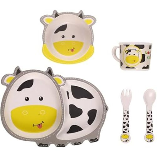 Kids Dinnerware Set Bamboo 5 Pcs with Plate Bowl Cup Fork Spoon (Cow)
