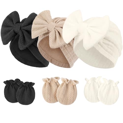 Newborn Baby Hats and Mittens Set Infant Bow Beanie Cap Toddler Gloves Newborn Hospital Hats for Baby Boy Girl 0-12 Months