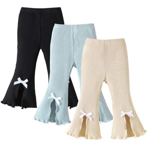 SOBOWO Baby Girl Flare Pants 3 Pack Toddler Solid Ribbed Ruffle Bell Bottoms Pants Trousers Fall Outfits