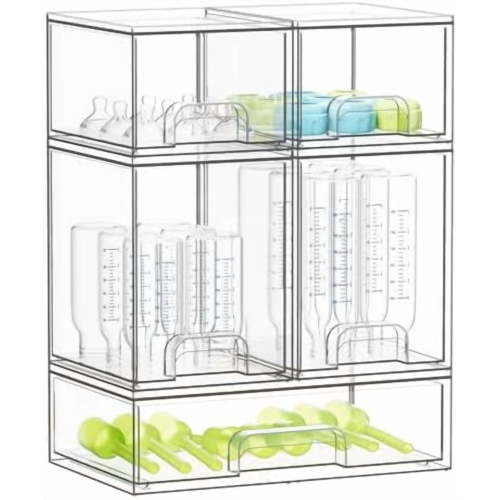 Bottle Storage Organizer Baby - Acrylic Bottles Station Organizer Container, Stackable Clear Drawers for Countertop, Vanity, Bathroom, Cabinet, Pantry Organization, 5 Pack, 2S2M1L, 15.4" H