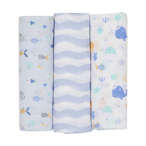 3 Pack Organic Cotton Muslin Wraps, Ocean - Anko