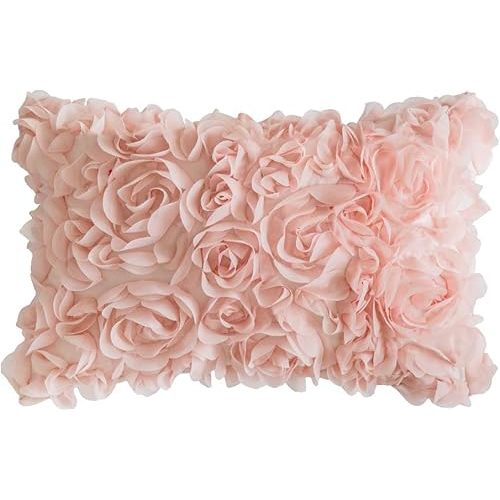 MIULEE 3D Rose Flower Pillow Cover Decorative Spring Floral Romantic Stereo Chiffon Aesthetic Solid Pillowcase for Girl Bedroom Living Room Decor 12x20 Inch Peach Pink