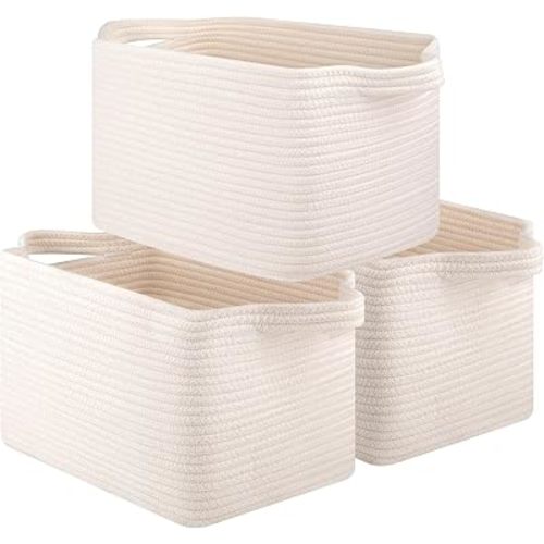 Storage Baskets for Organizing, Decorative Woven Baskets for Shelves, Cotton Rope Storage Cube Bins for Toys, Books, and Towels-13''Lx10''Wx8.6''H-3 Packs, White