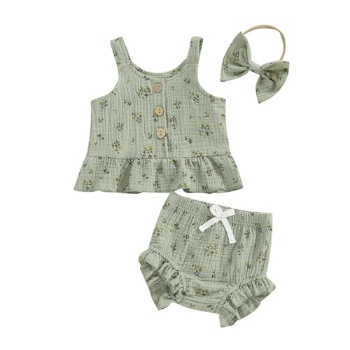 Kayotuas Infant Baby Girl Summer Clothes Floral Halter Sleeveless Tank Top Ruffle Shorts Cute Bow Headband 3 Piece Outfit Set