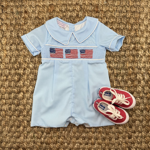 Flag Smocked Shortall with Collar in Blue - 4th of July, Summer, Memorial Day, military, July 4th, baby boy, vintage style 631