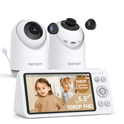 bonoch 1080P Video Baby Monitor with 2 Cameras No WiFi LCD Split Screen Video Audio