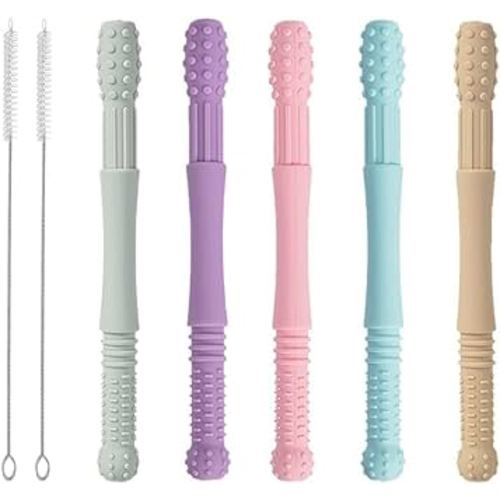 Hollow Teether Tubes, Honboom 5 Packs Soft Silicone Teething Tubes, Baby Soothing Teether Toy, Chew Straw Toy for Babies 0-12 Months with a Cleaning Brush, Dishwasher Safe (6.6in)