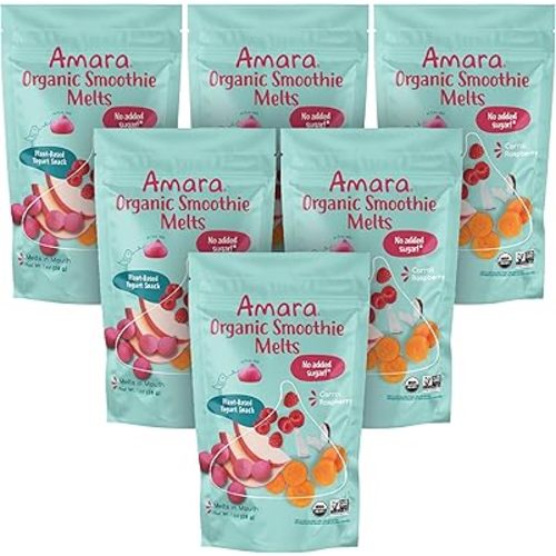 Amara Smoothie Melts - Carrot Raspberry - Baby Snacks Made With Fruits and Vegetables - Healthy Toddler Snacks For Your Kids Lunch Box - Organic Plant Based Yogurt Melts - 6 Resealable Bags