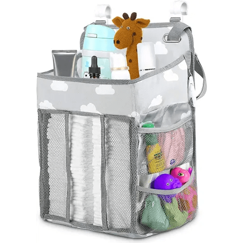 Diaper Caddy Hanging Diaper Caddy Organizer, Hanging Nursery Nappy Organiser Diaper Holder Caddy Stacker for Baby Girl Boy Crib Changing Table Playard Wall Baby Shower Gifts Bedside Storage Bag -Grey