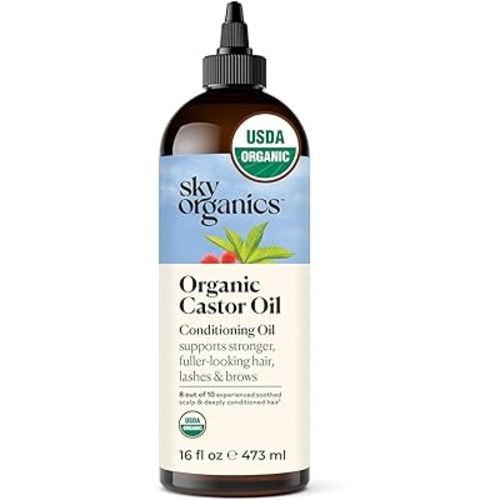 Sky Organics Castor Oil - USDA Certified Organic Hair Oil for Hair Growth, Skin, Face, Eyelashes - Cold Pressed & Hexane Free - Pure Organic Castor Oil Pack Wrap - Carrier & Hair Treatment Oil -16oz