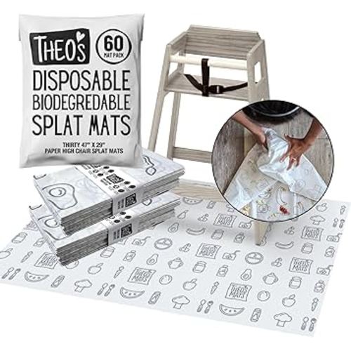 60 Pack | Disposable Splat Mats | THEO'S MATS | Highchair Splat Mat for Floor | Baby Led Weaning Supplies | Biodegradable (THEO001)