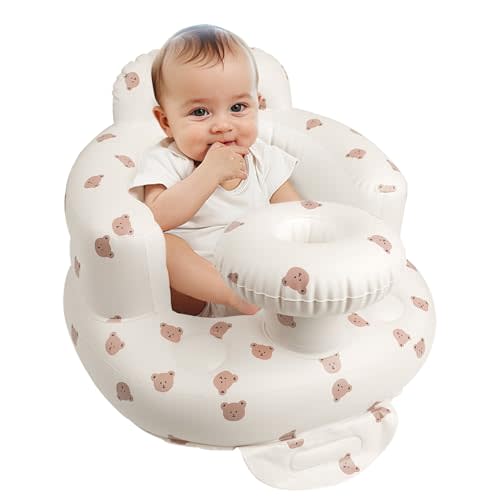 EKEPE Inflatable Baby Chair with Tray for Babies 3 Months & Up, Blow Up Baby Seat with Built in Air Pump, Sit Me Up Floor Baby Seats for Infants for Sitting Up - Bear Head with Tray