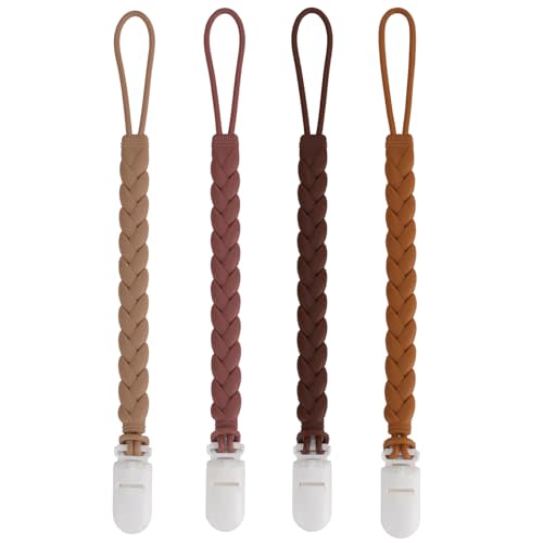 Stylish Silicone Pacifier Clips 4-Pack for Baby Boys and Girls, Woven Rope Flexible Design, Rust-Free Holders for Teething Relief and Baby Essentials, Safe for Newborns (Brown)