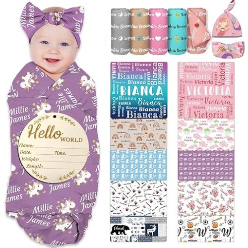 Personalized Swaddle Blanket Custom Newborn Swaddle Set with Hat and Bow Headband Customized Name Swaddle Receiving Blankets Baby Girl Boy Newborn Gifts - Unicorns&Others