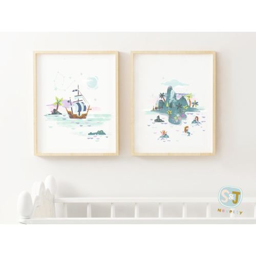 Exclusive Neverland set of 2 prints, Mermaid lagoon, pirate ship, Peter Pan nursery, Neverland nursery art, Captain Hook