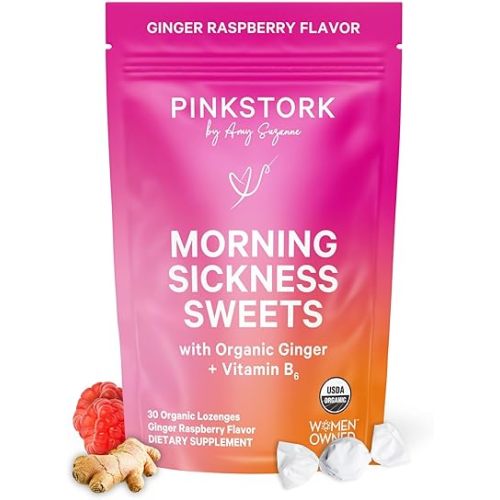 Pink Stork Morning Sickness Sweets, Organic Raspberry Ginger Candy with Vitamin B6, Support for Motion Sickness, Prenatal Heartburn - Pregnancy Must Haves - 30 Wrapped Drops