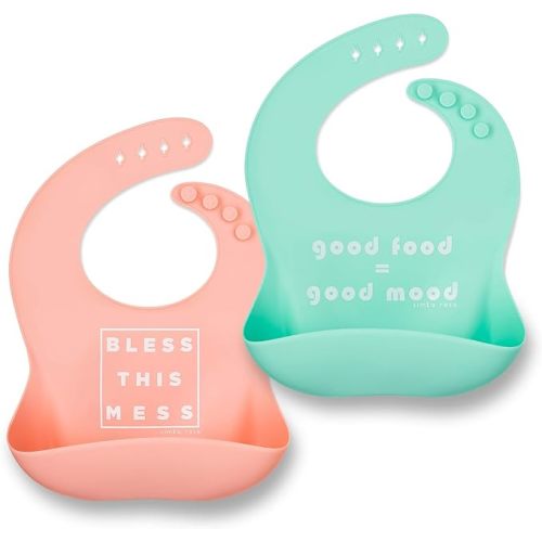 Simka Rose Silicone Baby Bibs with Food Catcher - Adjustable Soft Catch All Bib for Boys & Girls - High Chair Dining Table - Peach/Mint