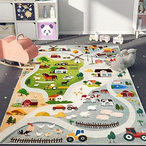 Kids Rug - Farmhouse Animal Carpet 3.3x5Ft for Boys Girls Room - Soft Playmat for Playroom & Bedroom - Educational & Washable