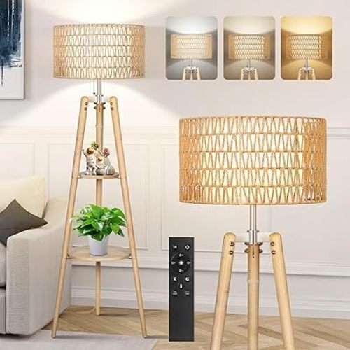 OUTON Boho Rattan Tripod Floor Lamp with Shelves, Dimmable Mid Century Modern Standing Lamp with Remote Control,Wood Tall Floor Lamps for Living Room Bedroom Office Farmhouse Bulb Included