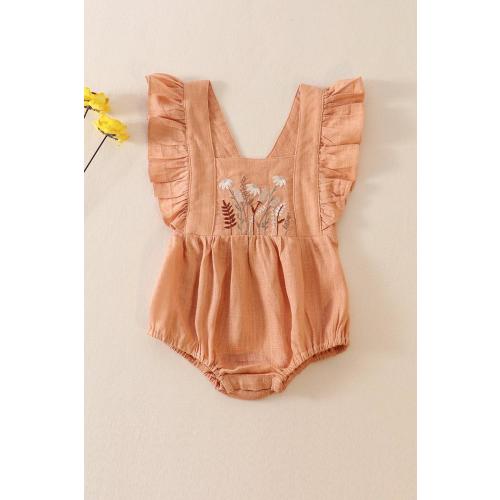 Petal & Pine Girl's Boutique Coral Floral Embroidered Linen Ruffle Strap Bubble Button Romper Matching Sibling