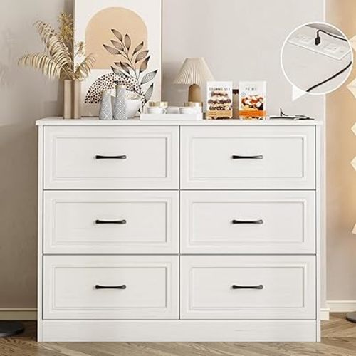 Fameill Dresser for Bedroom, 6 Drawer Wide Dresser Organizer with Charging Station, Tall Dresser for Hallway, Wood Dresser with Metal Handles, Woodgrain White