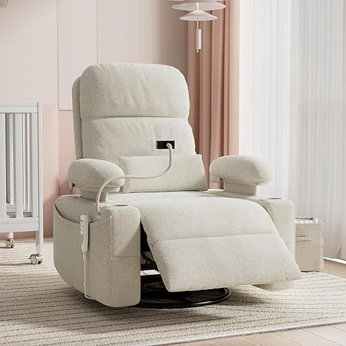 MAMAZING Oversized Electric Nursery Rocking Chair with Adjustable Armrests, Power Recliner Glider Nursing Chair for Breastfeeding, USB & Type-C Ports, Phone Holder, Oeko-TEX & FSC Certified(Beige)