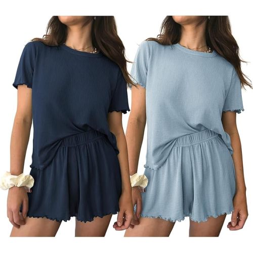 Ekouaer 2 Packs Womens Pajama Set Short Sleeve Sleepwear Soft Top and Shorts Pjs Casual Outfits Lounge Set with Pockets- X-Large