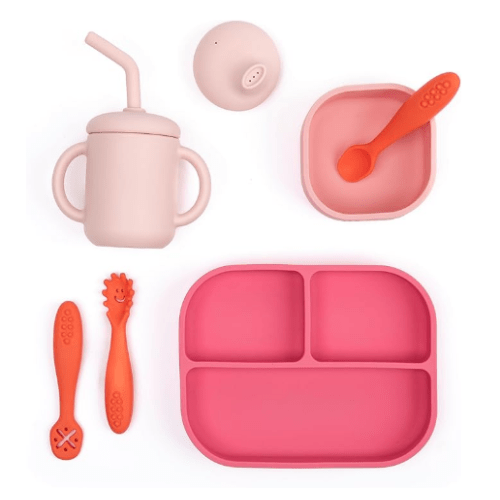 Bella Tunno Little Bites Bundle – Baby Feeding Set and Baby Led Weaning Supplies with 1 Baby Bowl, 1 Baby Plate, 3 Baby Utensils, 1 Cup, 2 Lids, 100% Food-Grade Silicone (Garden Party)